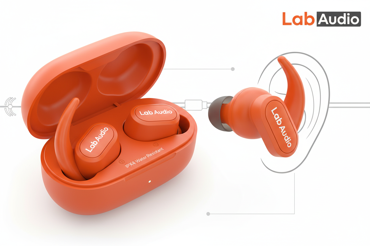 Brand: Lab Audio
Color: Spark Orange
Features:
High-performance earbuds for working out, with universal secure-fit wingtips that gently tuck in your ear for exceptional stability and all-day comfort. The custom acoustic platform delivers powerful, balanced Lab Audio sound across the full audio spectrum.
Active Noise Cancelling (ANC) blocks external sounds to give you absolute focus. Transparency mode lets you hear your surroundings when you want to.
IPX4 sweat and water resistance to handle intense worko