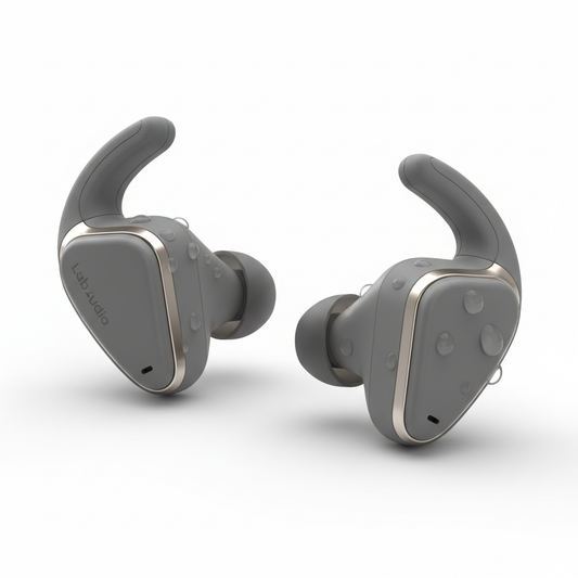 Brand: Lab Audio

Color: Gravel Gray

Features:

High-performance earbuds for working out, with universal secure-fit wingtips that gently tuck in your ear for exceptional stability and all-day comfort. The custom acoustic platform delivers powerful, balanced Lab Audio sound across the full audio spectrum.
Active Noise Cancelling (ANC) blocks external sounds to give you absolute focus. Transparency mode lets you hear your surroundings when you want to.
IPX4 sweat and water resistance to handle intense workou