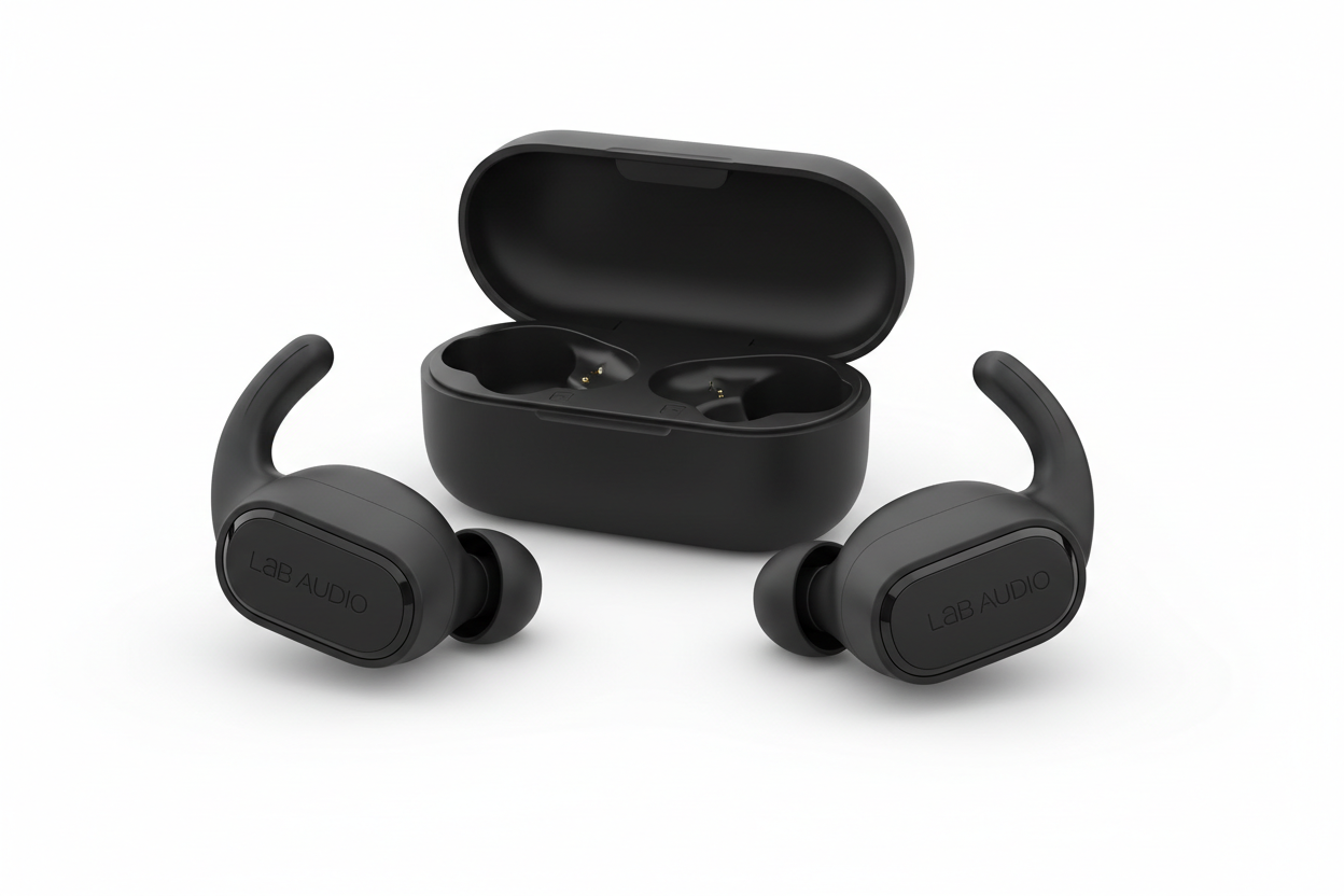 Brand: Lab Audio

Color: Jet Black

Features:

High-performance earbuds for working out, with universal secure-fit wingtips that gently tuck in your ear for exceptional stability and all-day comfort. The custom acoustic platform delivers powerful, balanced Lab Audio sound across the full audio spectrum.
Active Noise Cancelling (ANC) blocks external sounds to give you absolute focus. Transparency mode lets you hear your surroundings when you want to.
IPX4 sweat and water resistance to handle intense workouts