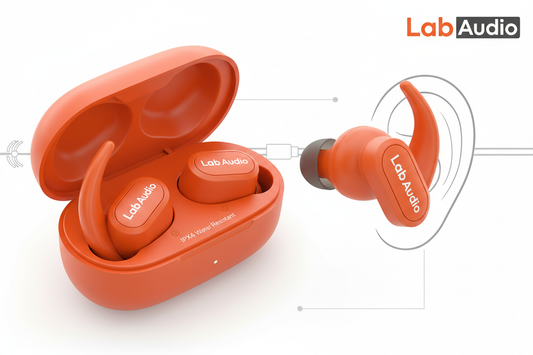 Brand: Lab Audio

Color: Spark Orange

Features:

High-performance earbuds for working out, with universal secure-fit wingtips that gently tuck in your ear for exceptional stability and all-day comfort. The custom acoustic platform delivers powerful, balanced Lab Audio sound across the full audio spectrum.
Active Noise Cancelling (ANC) blocks external sounds to give you absolute focus. Transparency mode lets you hear your surroundings when you want to.
IPX4 sweat and water resistance to handle intense worko